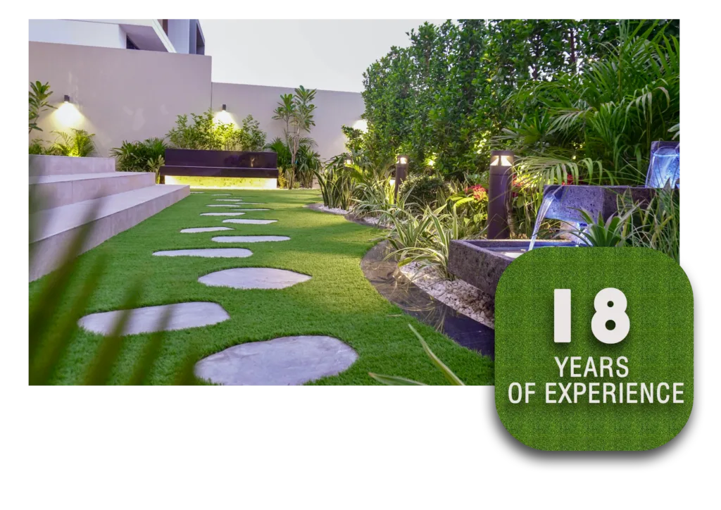 Garden image with a badge reading “18 years of experience”.