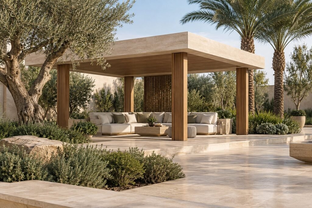 AI design concept of a contemporary timber-column garden gazebo
