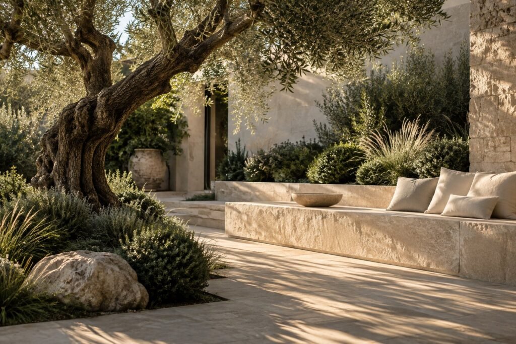 AI design concept of a landscaped olive-tree courtyard and limestone seating