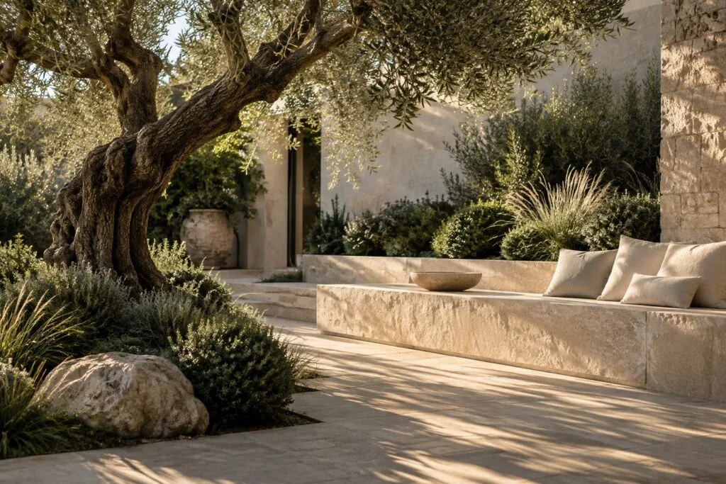 Courtyard design concept with a tree and stone seating