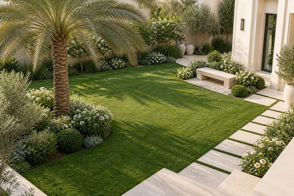 AI design concept of a manicured villa courtyard garden with palms