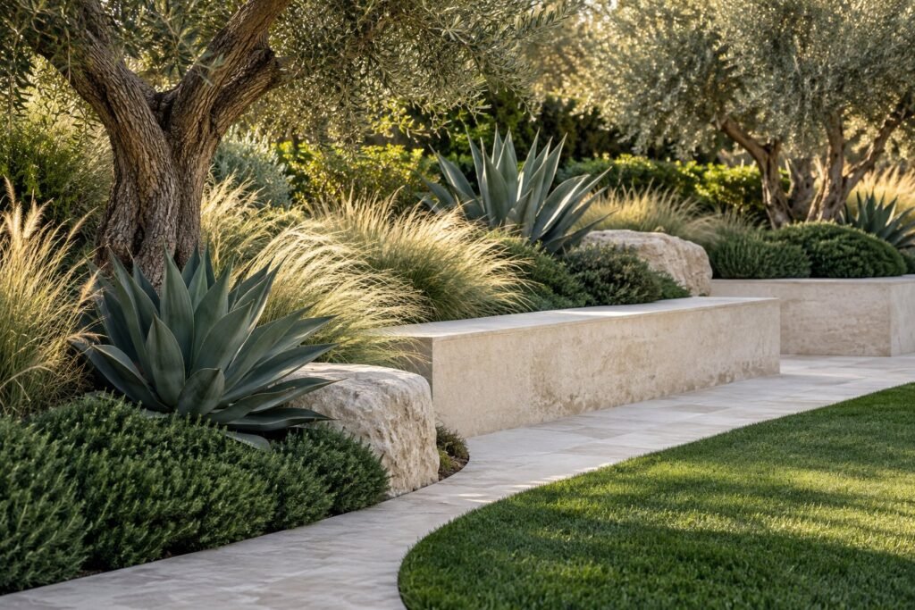 AI design concept of layered planting, olive trees and limestone garden edging