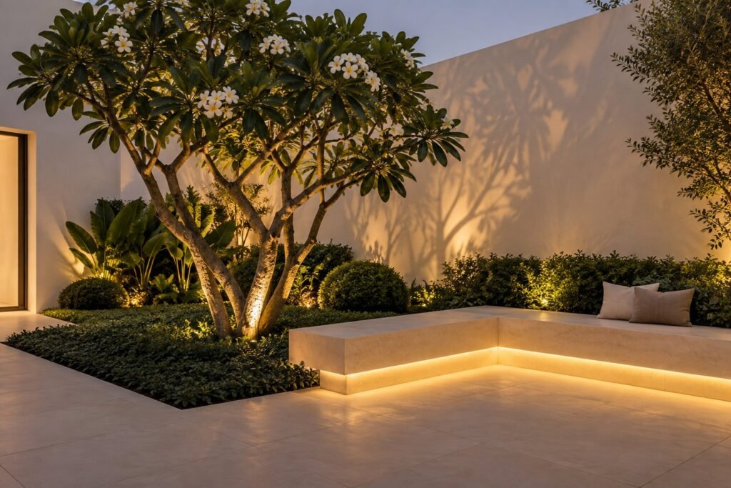 AI design concept of tree uplighting and softly illuminated courtyard seating