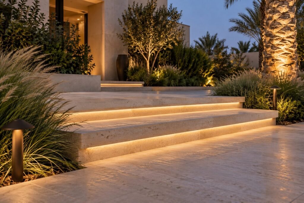 AI design concept of warm recessed step lighting and garden path lights