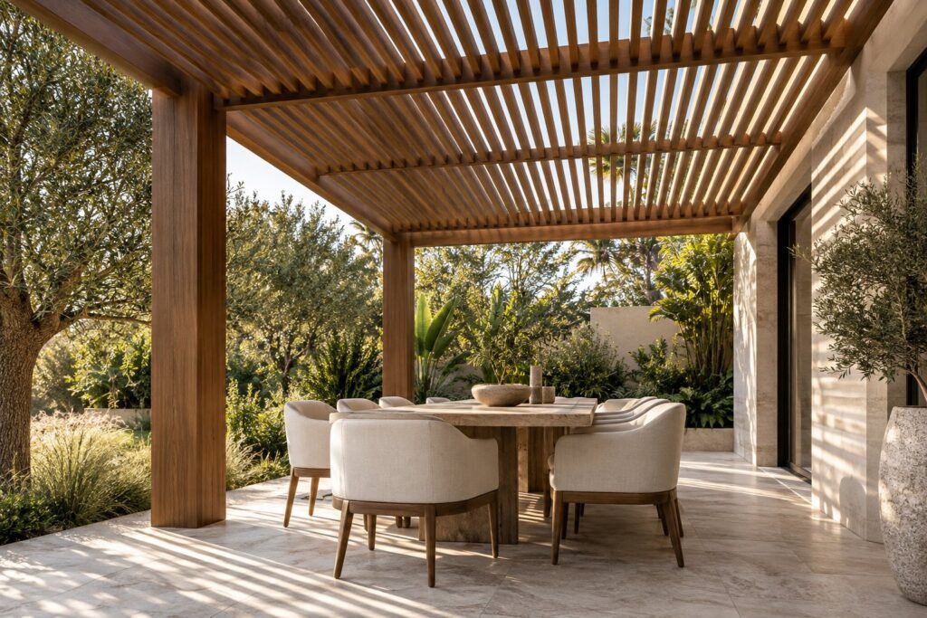 AI design concept of timber pergola slats shading an outdoor dining terrace