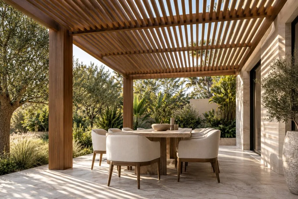 AI design concept of timber pergola slats shading an outdoor dining terrace