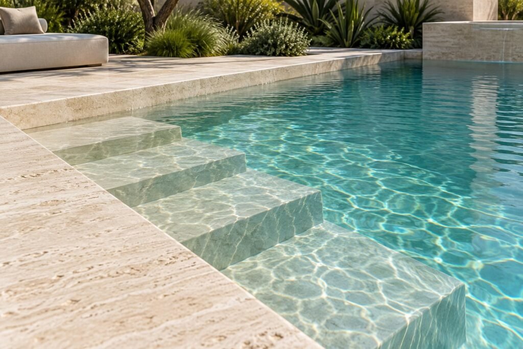 AI design concept of turquoise pool water and travertine entry steps